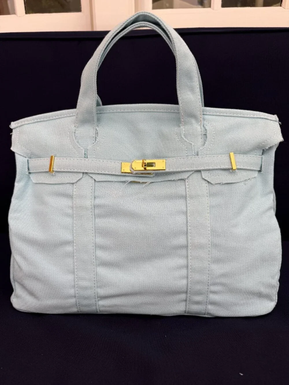 NWOT Boatkin Birkin Canvas Bag Tote Light Blue Gold Color Hardware